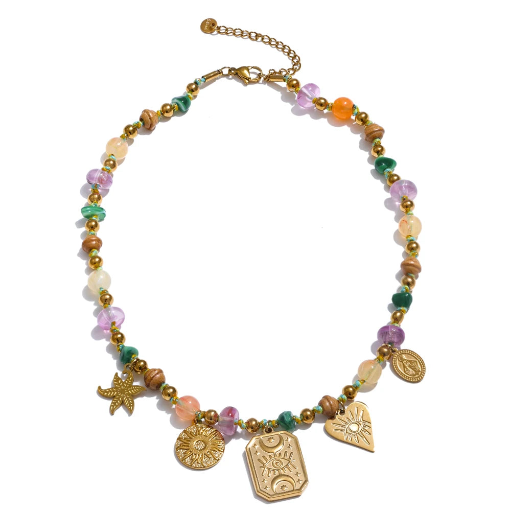 Arrivals Handmade Jewelry Colorful Natural Stone Chain Flower Eye Square Drop Necklace Stainless Steel Waterproof Necklace