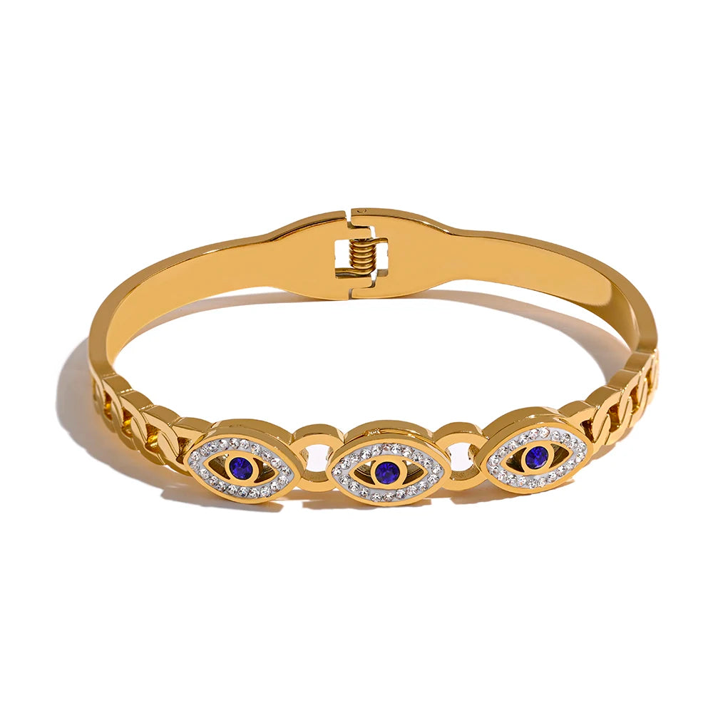 Charm Turkish Evil Eye Stainless Steel Statement Bangle Bracelet Trendy Fashion Zircon Waterproof Gold Color Jewelry