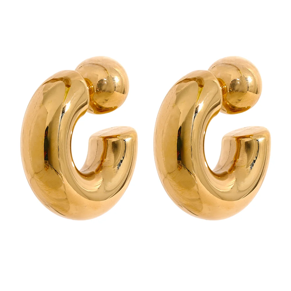 Stainless Steel C Shape Round Chunky Unusual Earrings Jewelry Waterproof Metal Texture Attractive Women Accessories Gift