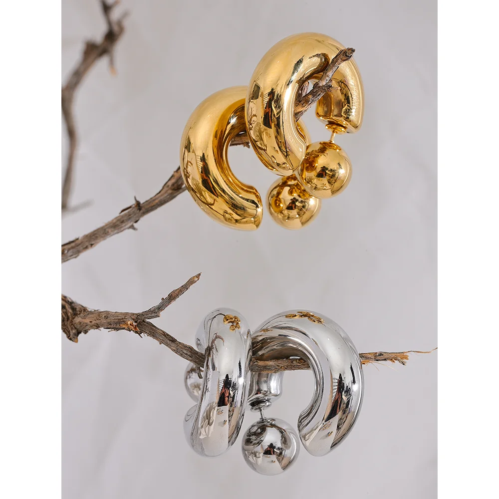 Stainless Steel C Shape Round Chunky Unusual Earrings Jewelry Waterproof Metal Texture Attractive Women Accessories Gift