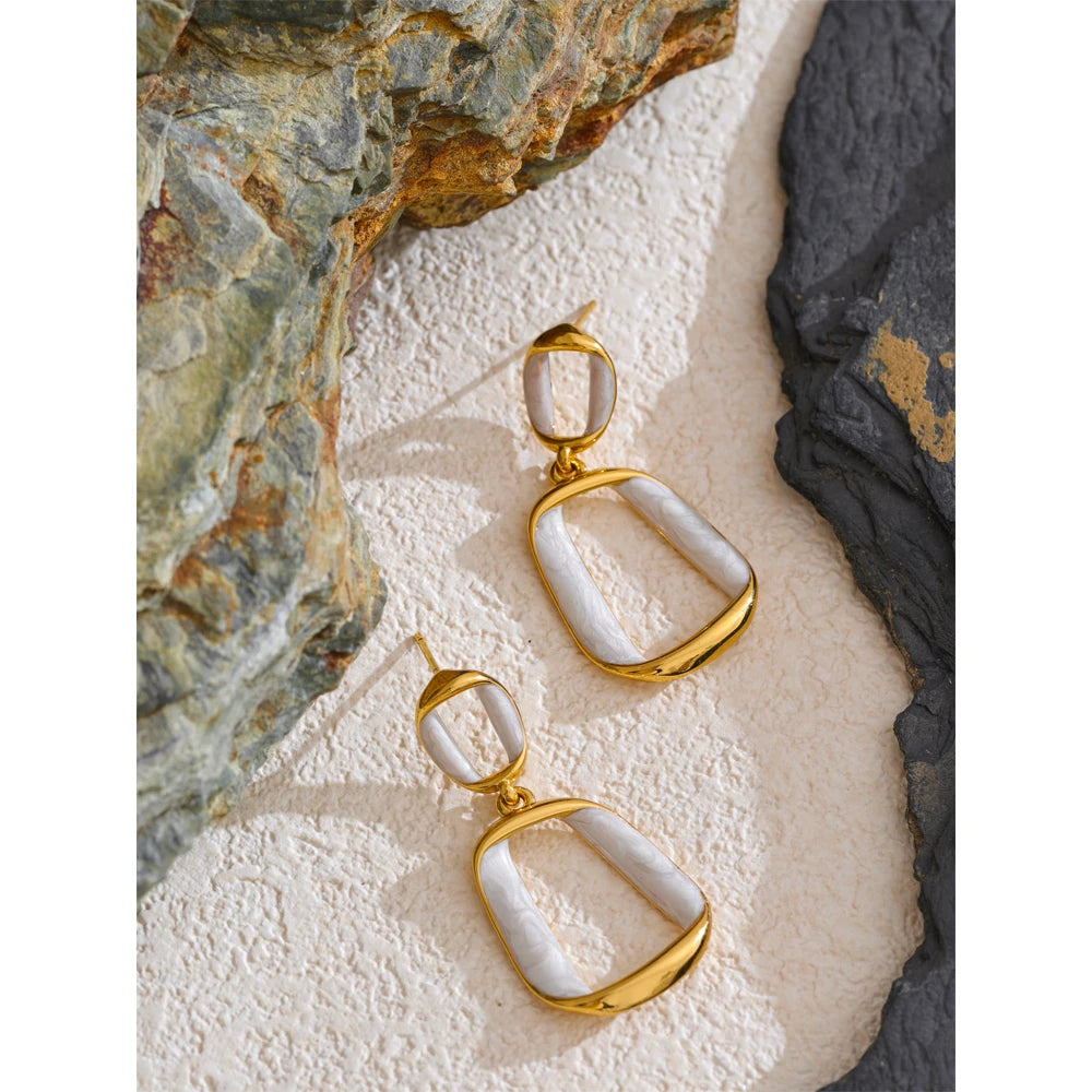 Trendy Stainless Steel White Enamel Rectangle Hollow Drop Earrings 18K Gold Color Plated Versatile Daily Jewelry Gift