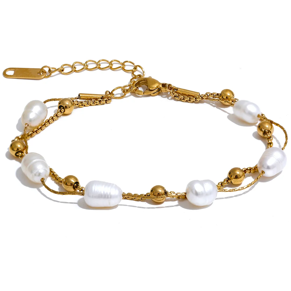 Natural Pearls Double Layer Chain Stainless Steel Charm Bracelet Bangle Women Stylish Summer Jewelry Waterproof