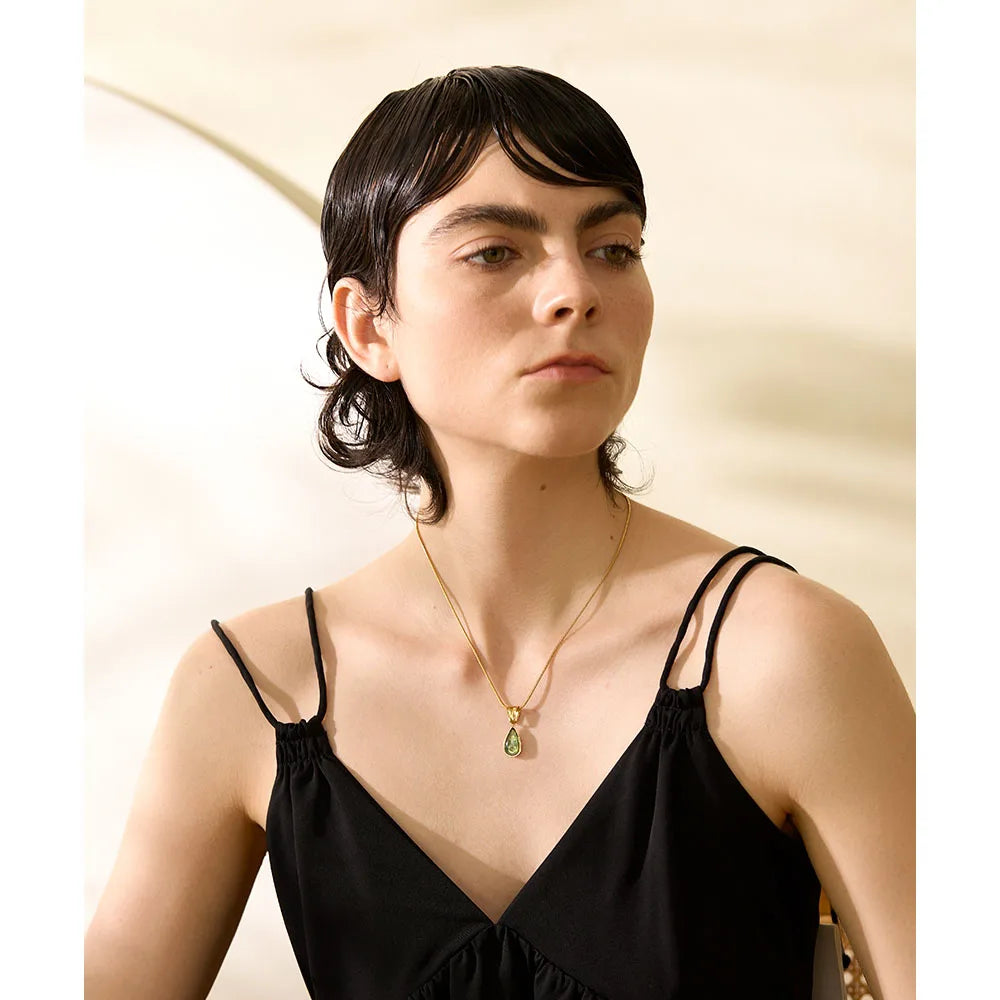 Stylish Green Glass Crystal Water Drop Pendant Necklace for Women 316l Stainless Steel Cast Gold Color Fashion Jewelry New