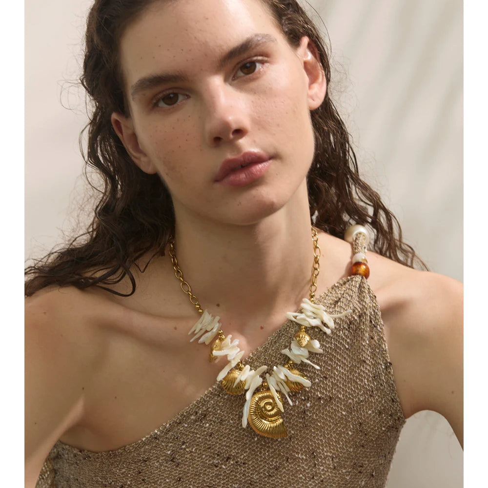Summer Handmade Jewellery 316L Stainless Steel Resin Conch Shell Drop Necklace Golden PVD Plated Holiday Gift Accessories