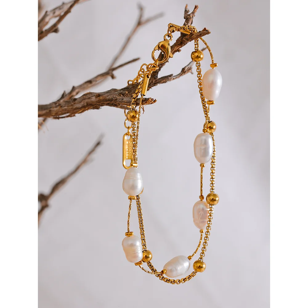 Natural Pearls Double Layer Chain Stainless Steel Charm Bracelet Bangle Women Stylish Summer Jewelry Waterproof