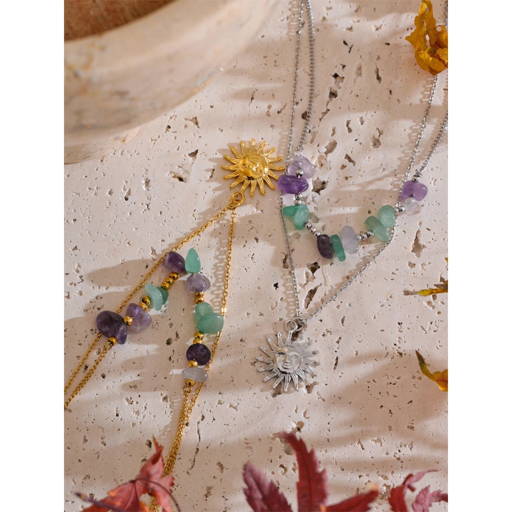 2025 Natural Stone Double-Layer Chain Sun Pendant Necklace for Women 316L Stainless Steel Handmade Jewelry Gift