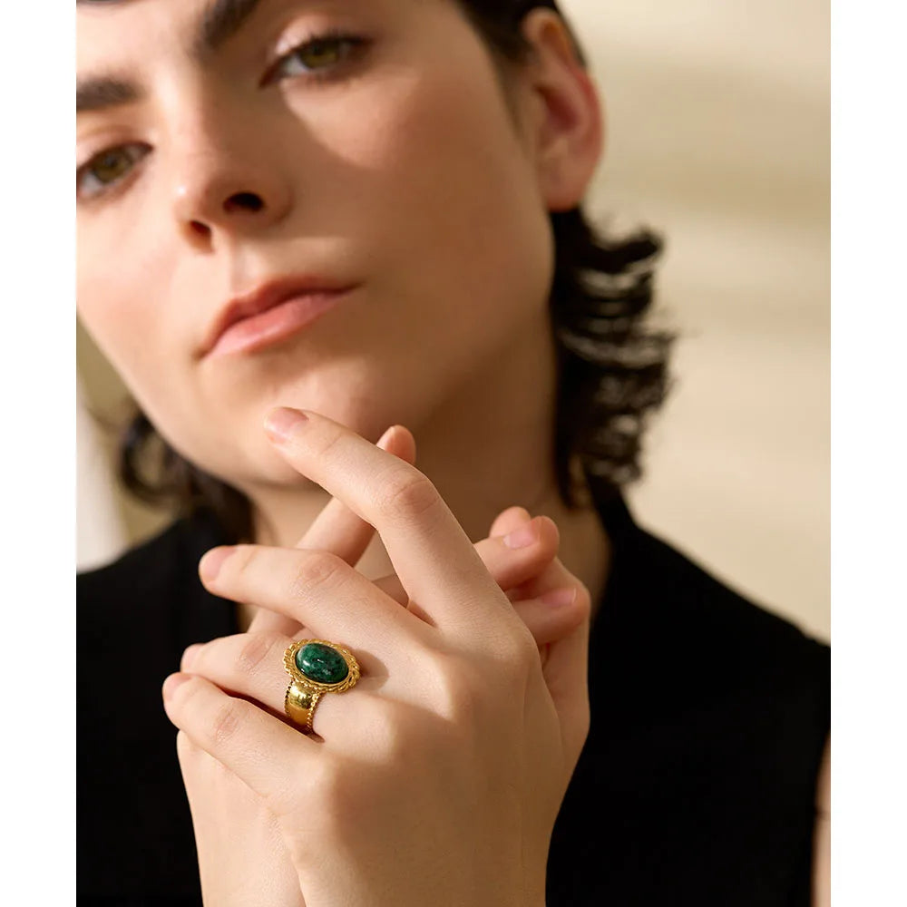 Stainless Steel Wide Chunky Ring Inlaid Tiger Natural Stone Jewelry Trend Europe Bijoux Vintage Stylish Statement