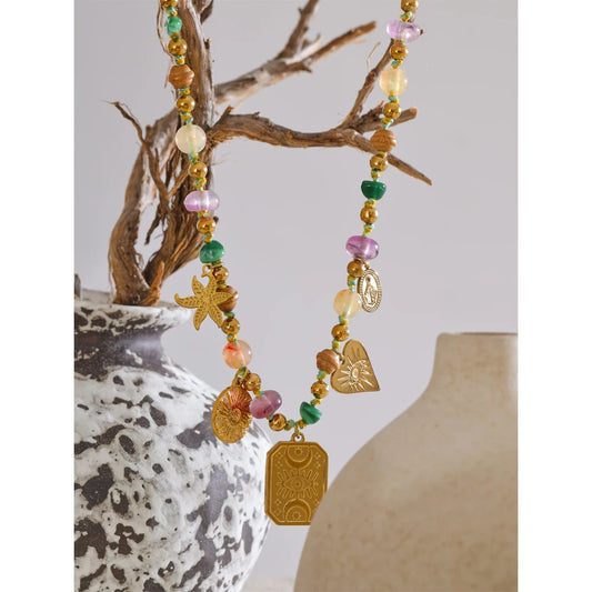 Arrivals Handmade Jewelry Colorful Natural Stone Chain Flower Eye Square Drop Necklace Stainless Steel Waterproof Necklace