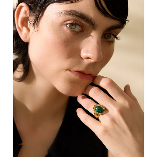 Stainless Steel Wide Chunky Ring Inlaid Tiger Natural Stone Jewelry Trend Europe Bijoux Vintage Stylish Statement