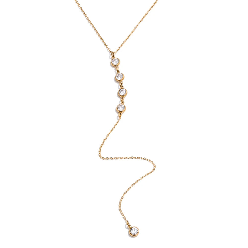 Delicate Cubic Zirconia Round Y Chain Long Drop Necklace for Women Stainless Steel Summer 2025 Jewelry Tarnish Resistant
