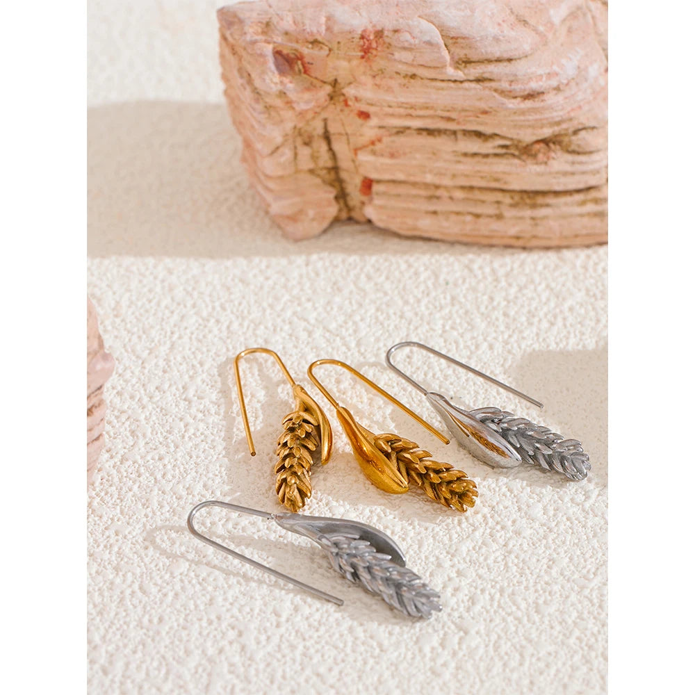 New 316L Stainless Steel Ear of Wheat Fashion Earrings 18K Gold Plated Water Resistant Personal Statement Jewelry Women