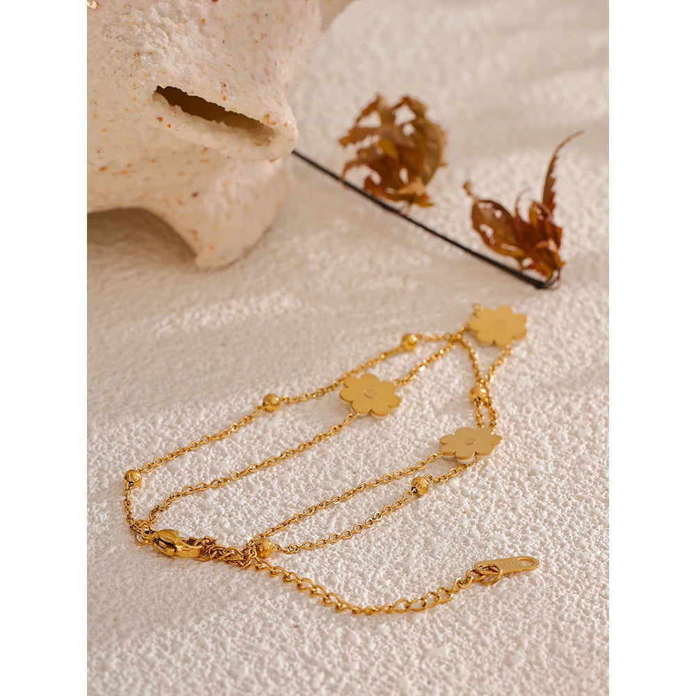 Summer Imitation Shell Flower Double Layer Chain Necklace Anklet for Women Trendy Plant Charm Jewelry Bijoux Gift