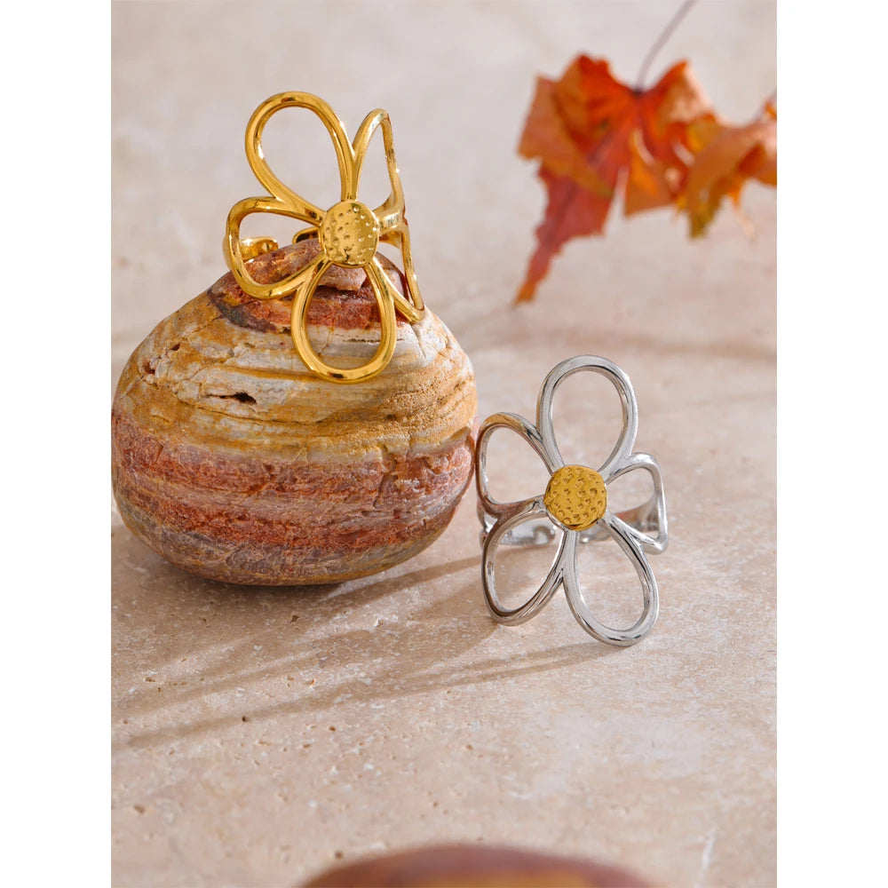 Trendy Stainless Steel Metal Flower Adjustable Fashion Finger Ring Rust Proof Attractive Daily Jewelry Accessories Gift
