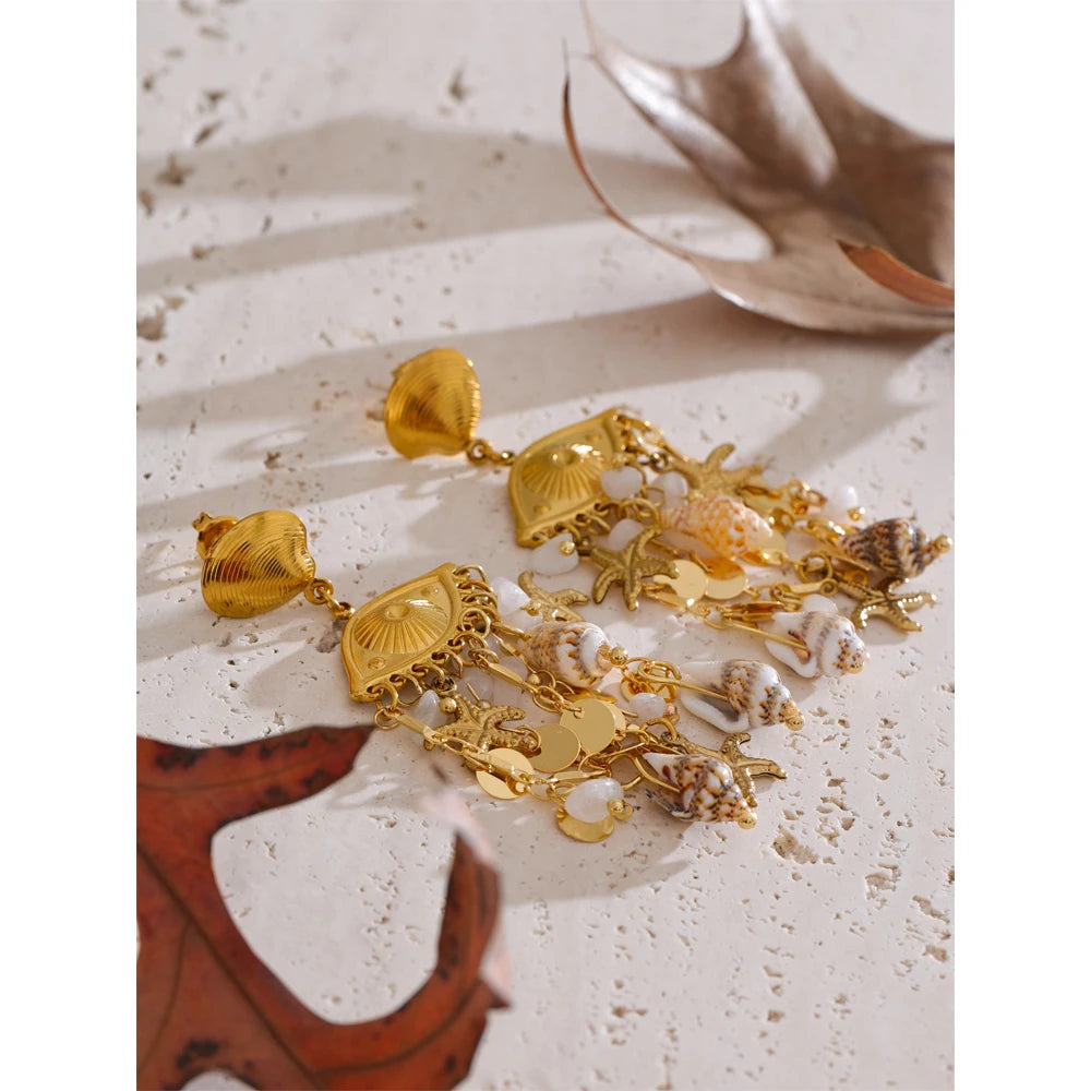 Ocean Style Shell Conch Starfish Dangle Earrings Stainless Steel Summer Golden Holiday Jewelry Accessories