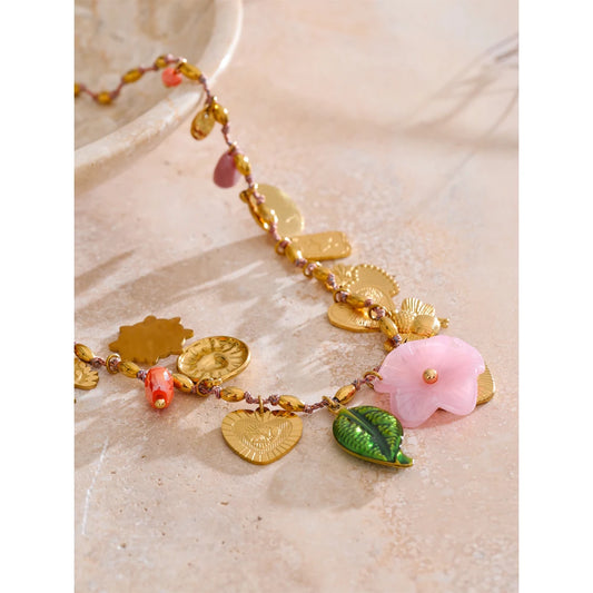 Exclusive Stainless Steel Metal Heart Resin Flower Pendant Drop Charms Necklace 2025 Golden PVD Popular Handmade Jewelry