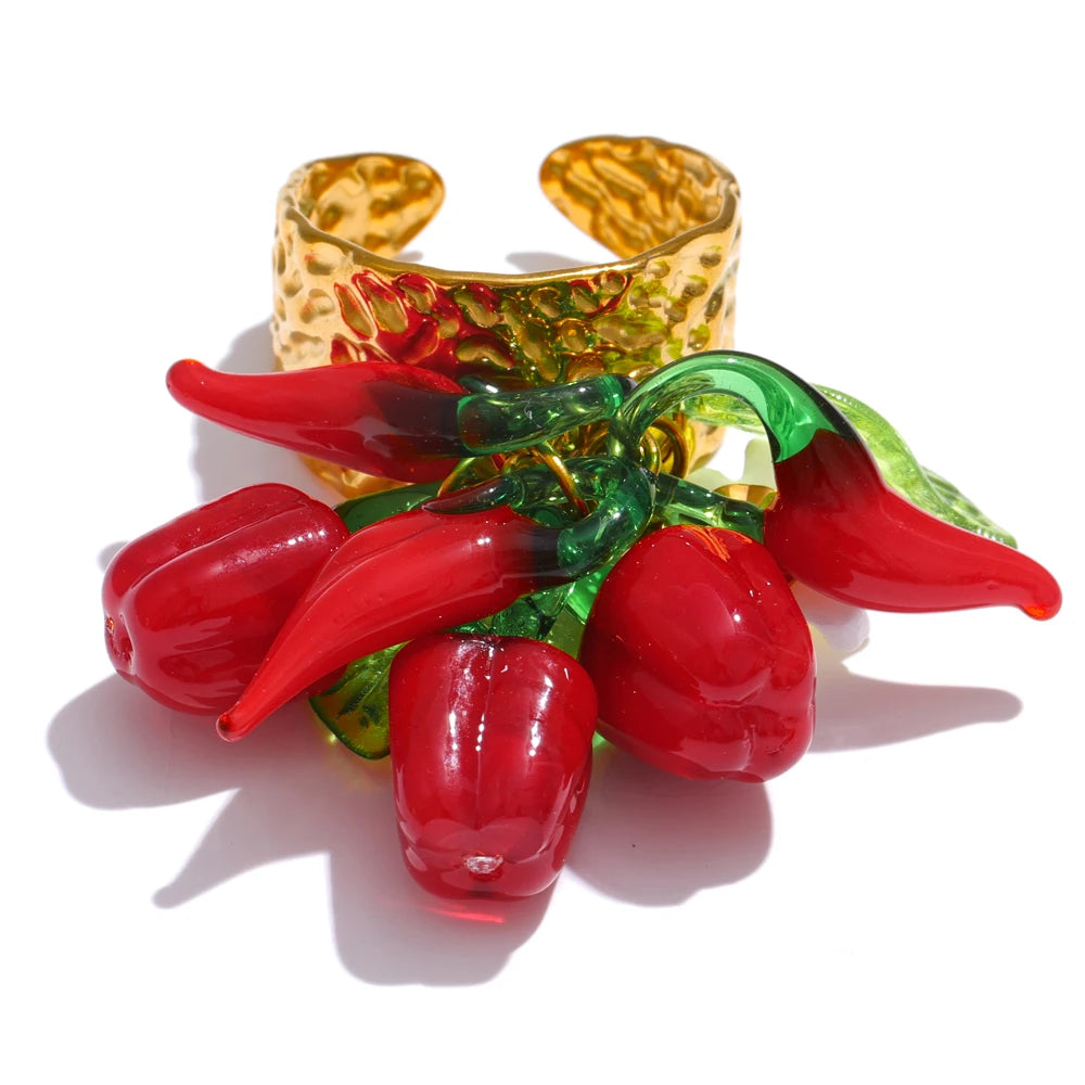 Exclusive Design Strawberry Cherry Chilli Shell Resin Drop Open Adjustable Ring 18K Golden Stainless Steel Charm Jewelry