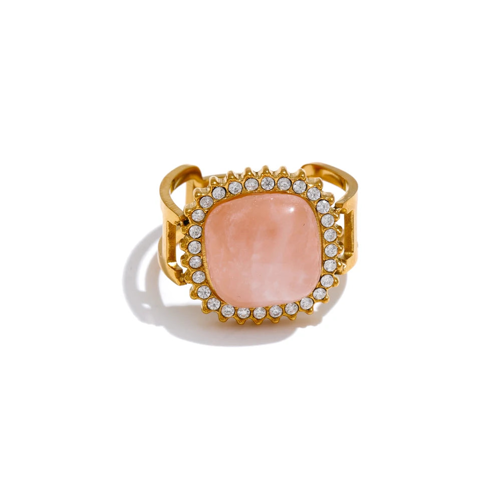 Natural Pink Crystal Stone Malachite Zircon Square Open Ring for Women Stainless Steel High Quality Finger Jewelry Gift