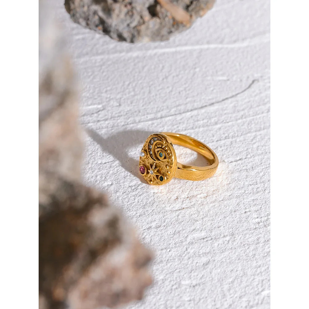 Stainless Steel Star Moon Eye Charms Ring Colorful CZ Zirconia 18K Gold Color High Quality Celestial Jewelry Women Gala