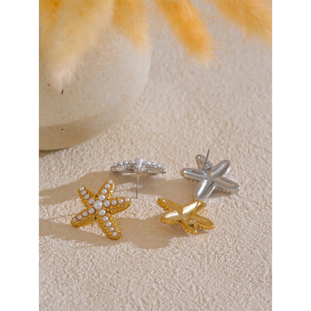 Ocean Style Imitation Pearls Starfish Stud Earrings Stainless Steel Casting Exquisite Summer Holiday Beach Jewelry Gift