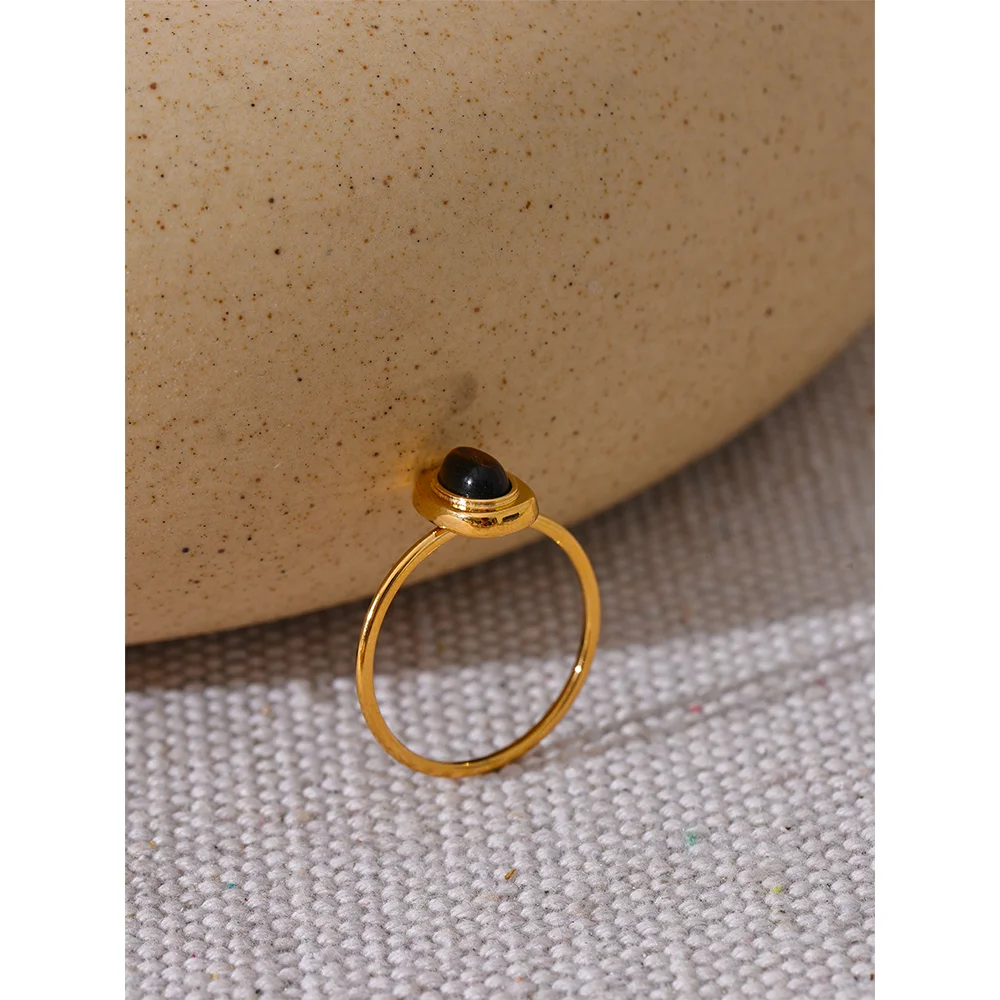 Fashion Natural Stone Stainless Steel Oval Thin Chic Ring Women 18K PVD Plated Waterproof Jewelry Accessories Gift