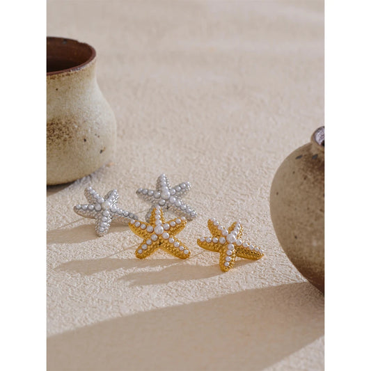 Ocean Style Imitation Pearls Starfish Stud Earrings Stainless Steel Casting Exquisite Summer Holiday Beach Jewelry Gift
