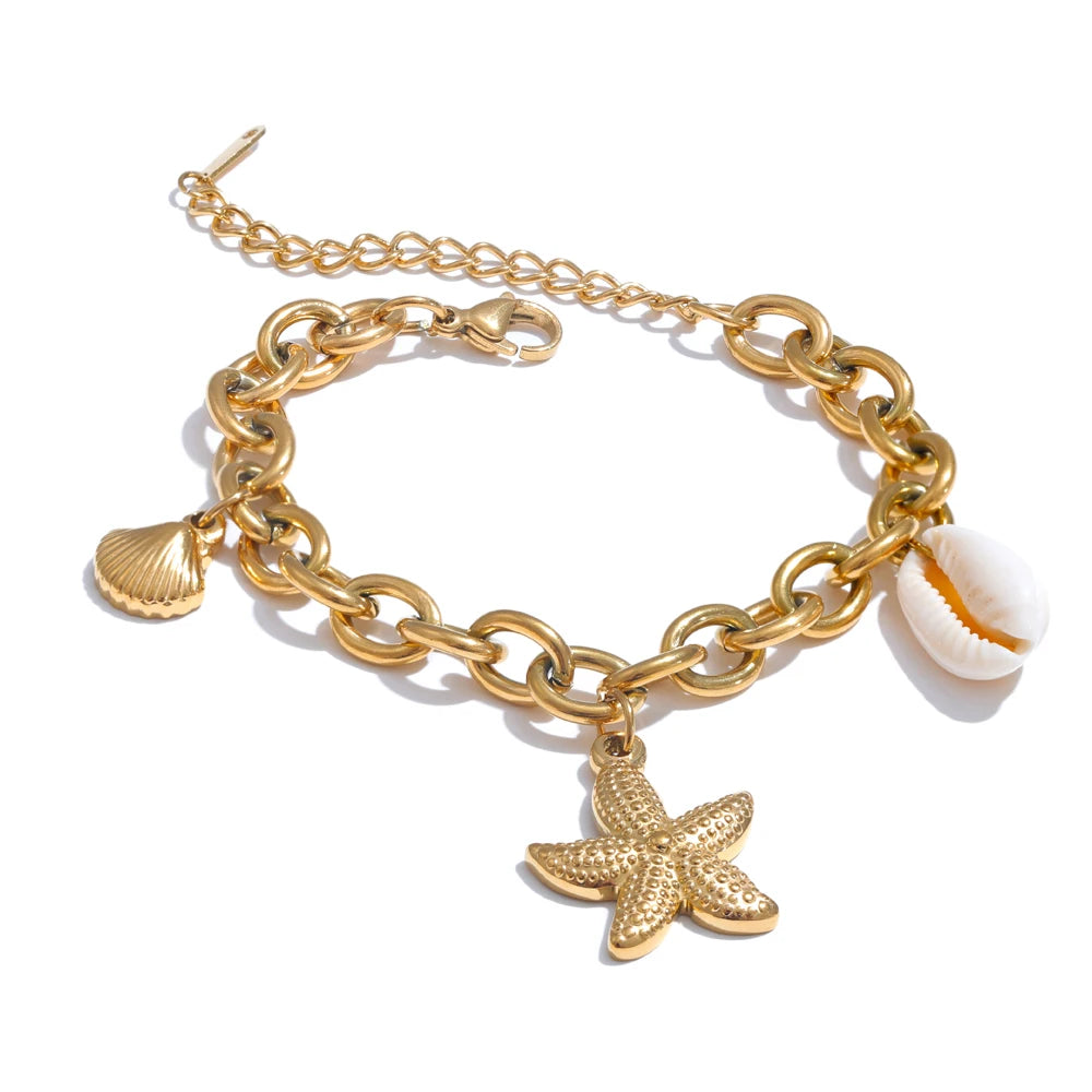 Stainless Steel 18K Gold PVD Plated Metal Chain Waterproof Ocean Pendant Charm Starfish Shell Accessories Holiday Jewelry