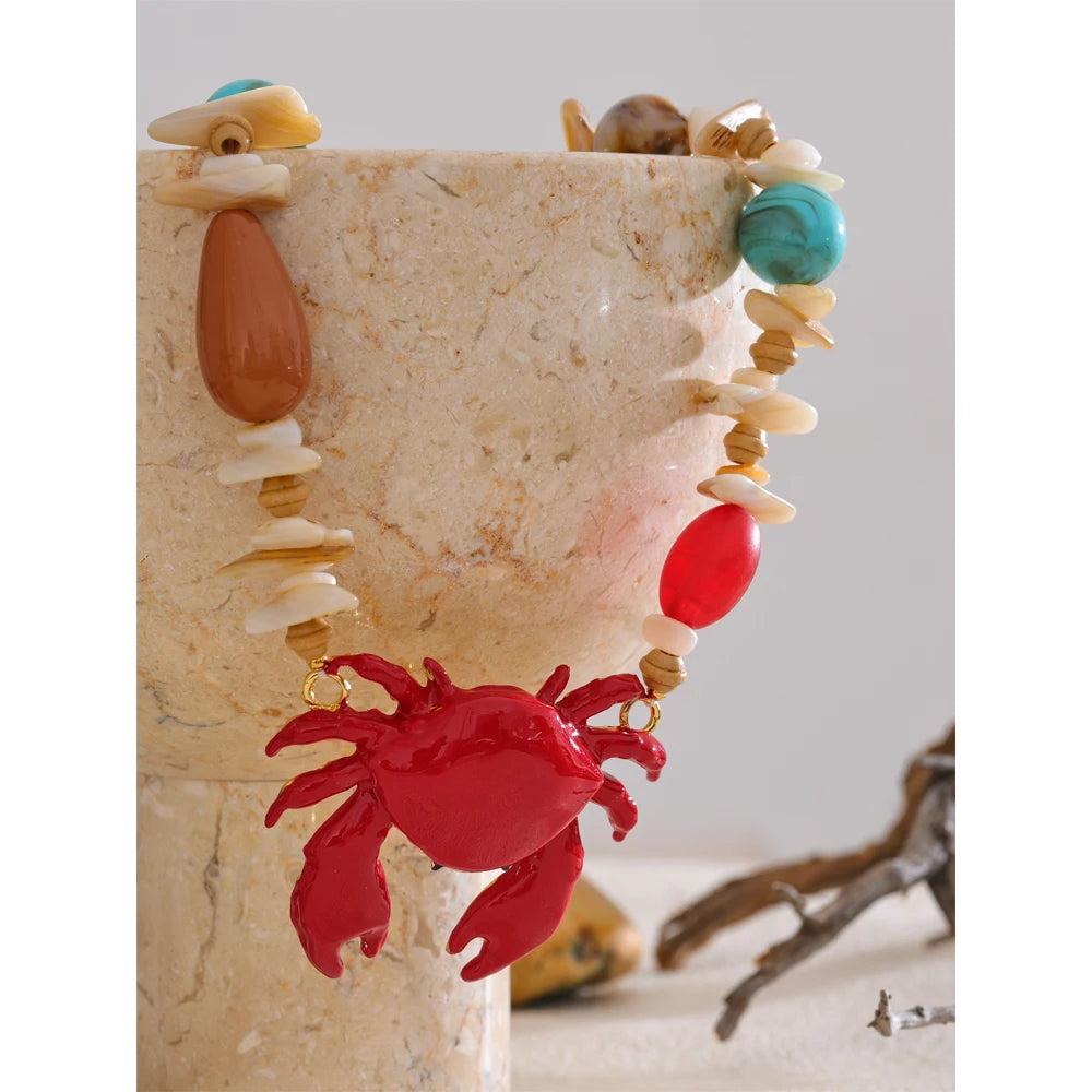 2025 New Handmade Ocean Style Shell Resin Stone Red Crab Pendant Necklace Summer Beads Statement Charm Jewelry