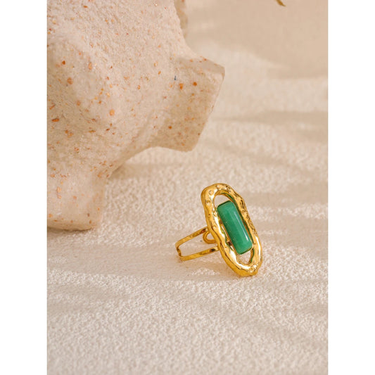 Natural Stone Green Agate Cuff Open Adjustable Ring 18K PVD Plated Stainless Steel Golden Fashion Finger Jewelry Gift
