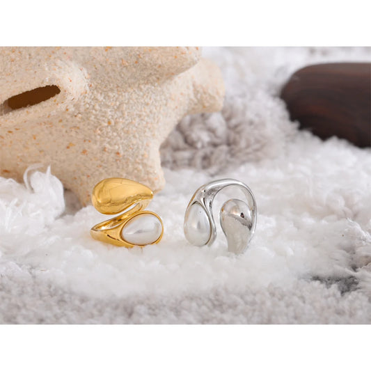 Fashion Imitation Pearl Water Drop Finger Adjustable Ring Women 316L Stainless Steel Elegant Gold Platinum Plated Jewelry