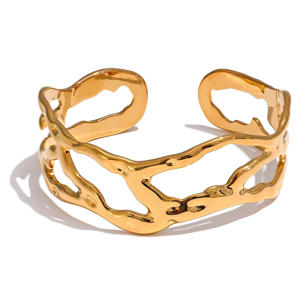 Stylish Unique Design Stainless Steel Metal Hollow Wide Cuff Bracelet Bangle Texture Rust Proof 18K PVD Plated Jewelry