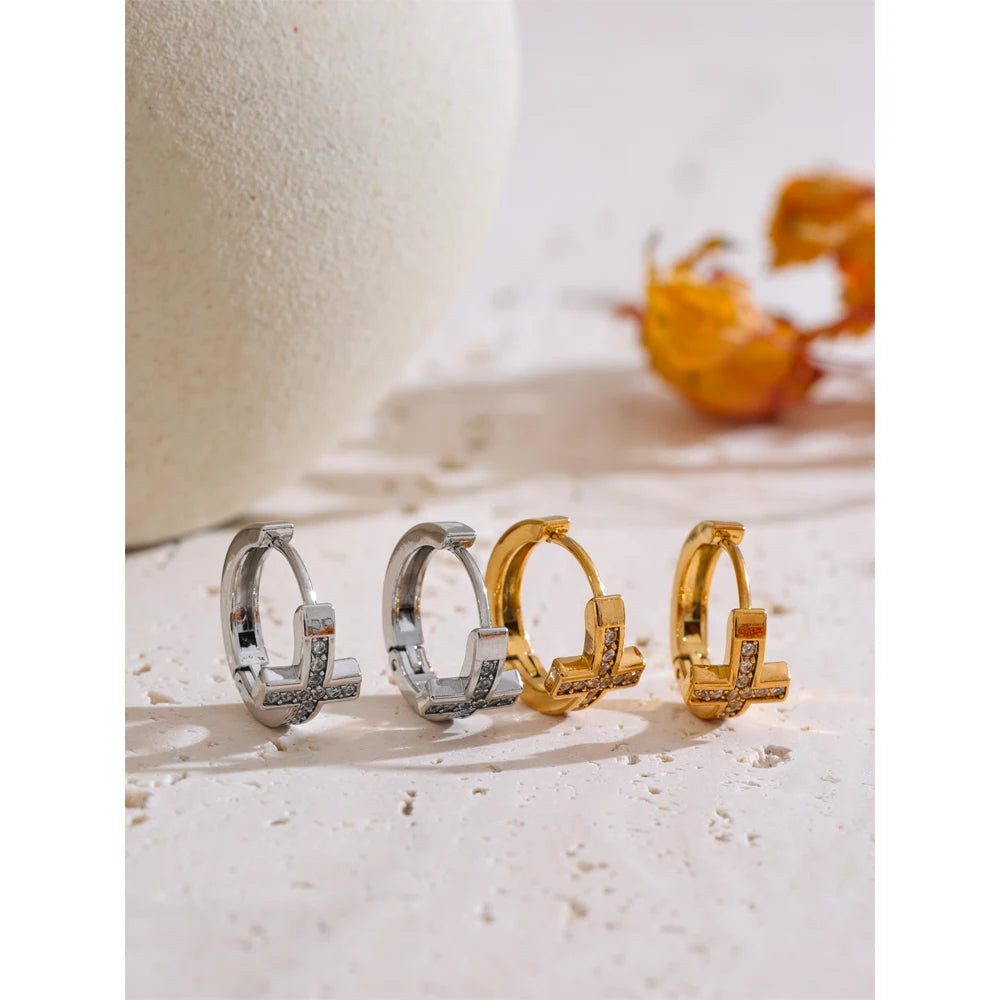 High Quality Cubic Zirconia Cross Hoop Earrings Versatile Daily Stainless Steel Arrivals Charm Jewelry Gift