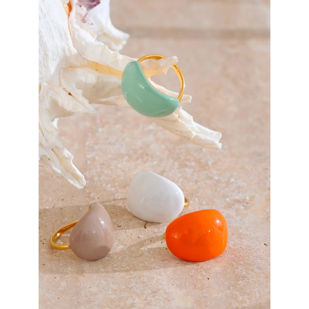 Stainless Steel Fashion Joyful Candy Multi-Color Khaki Orange Blue White Enamel Ring Waterproof Adjustable Charm Jewelry