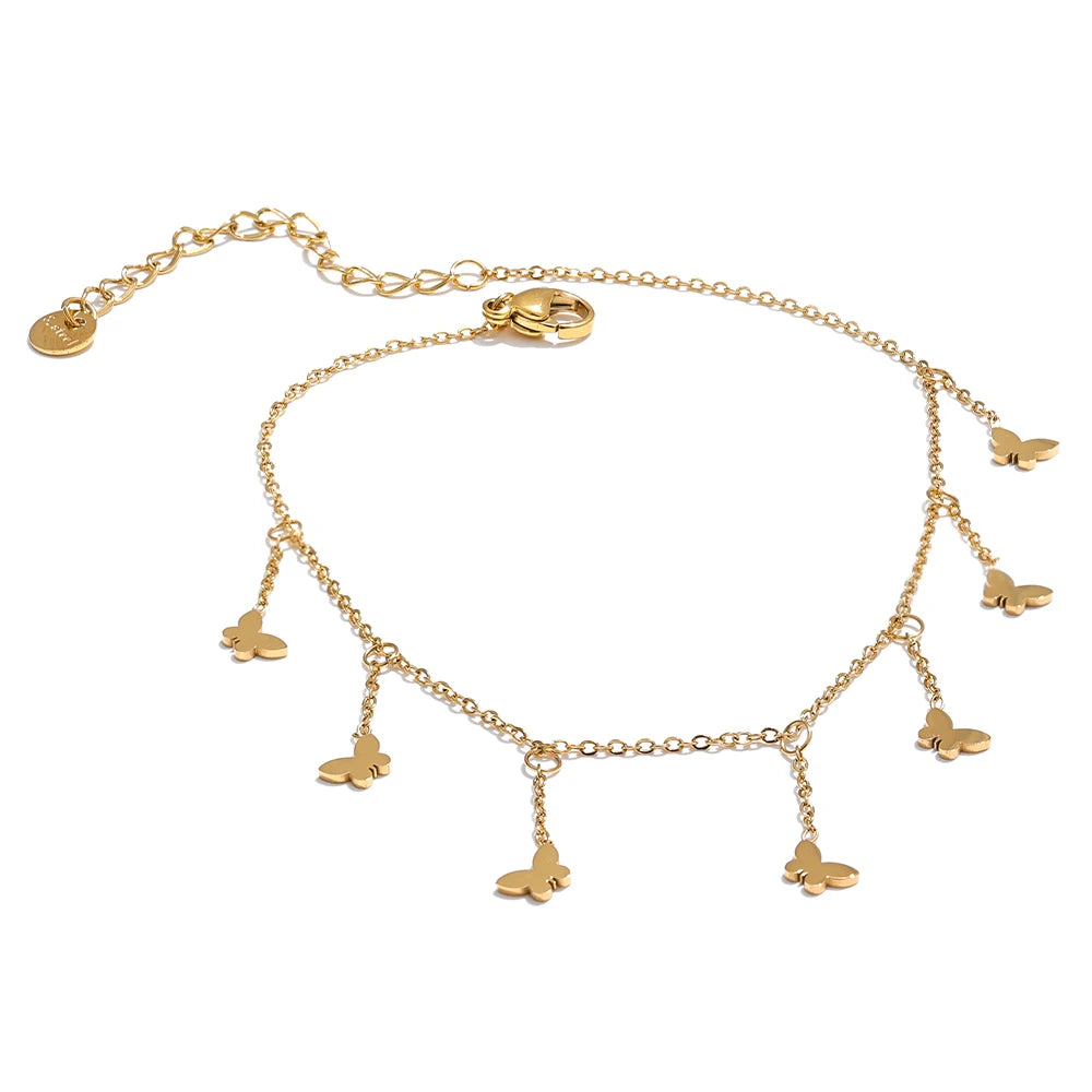 Trendy Stainless Steel Butterfly Chain Drop Foot Anklet for Women 18K PVD Plated Summer Beach Charm Jewelry Accessories