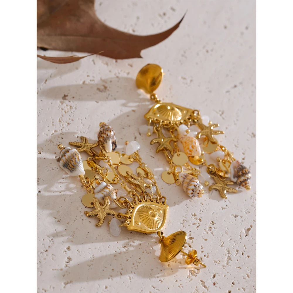 Ocean Style Shell Conch Starfish Dangle Earrings Stainless Steel Summer Golden Holiday Jewelry Accessories