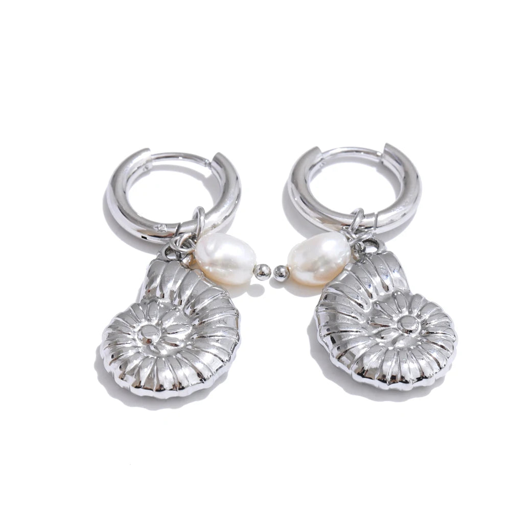 Ocean Style Natural Pearl Conch Shell Starfish Drop Summer Hoop Earrings for Women Stainless Steel Holiday Daily Jewelry