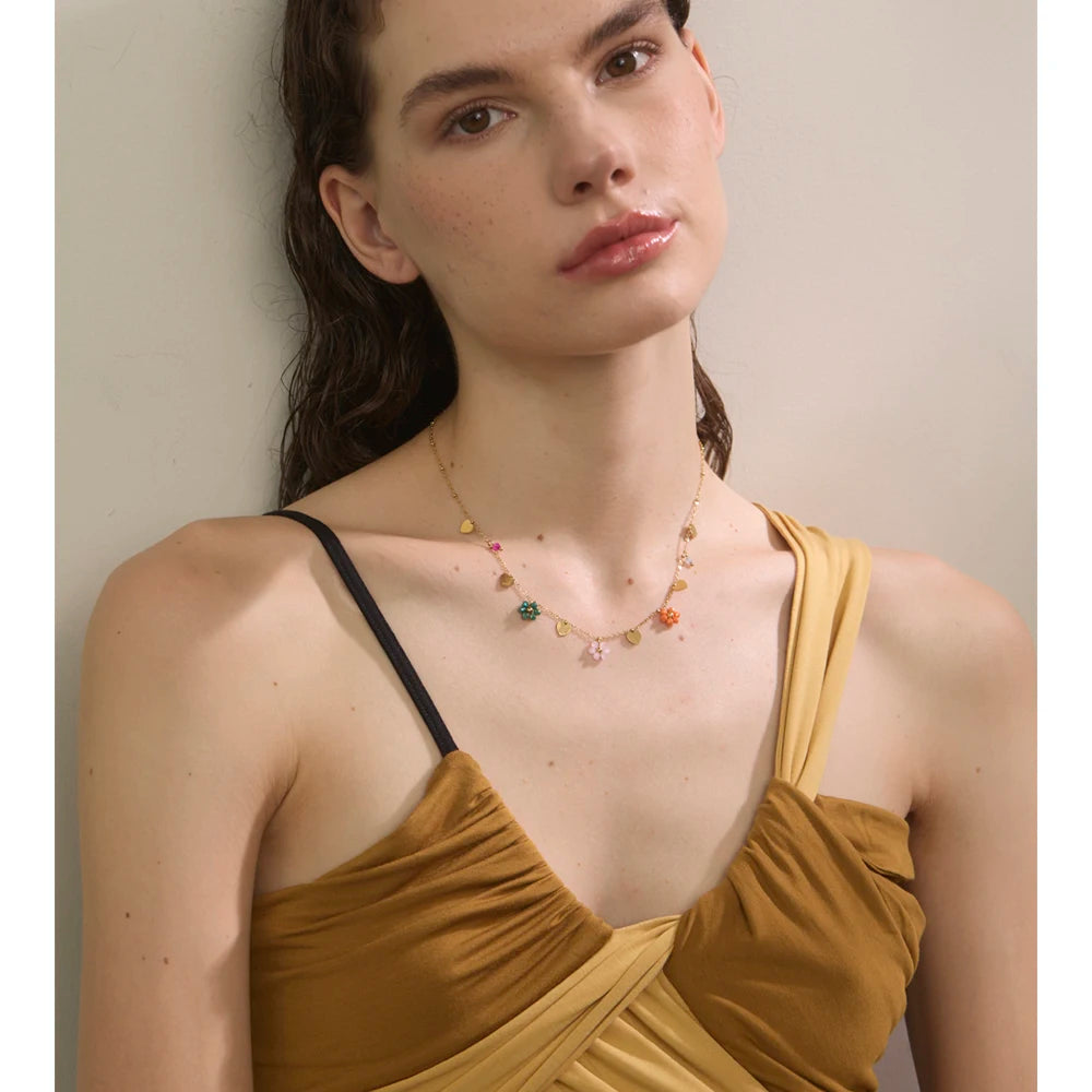 Summer Fashion Crystal Flower Pendant Necklace for Women Stainless Steel Handmade Cute Collar Jewelry 2025 Waterproof