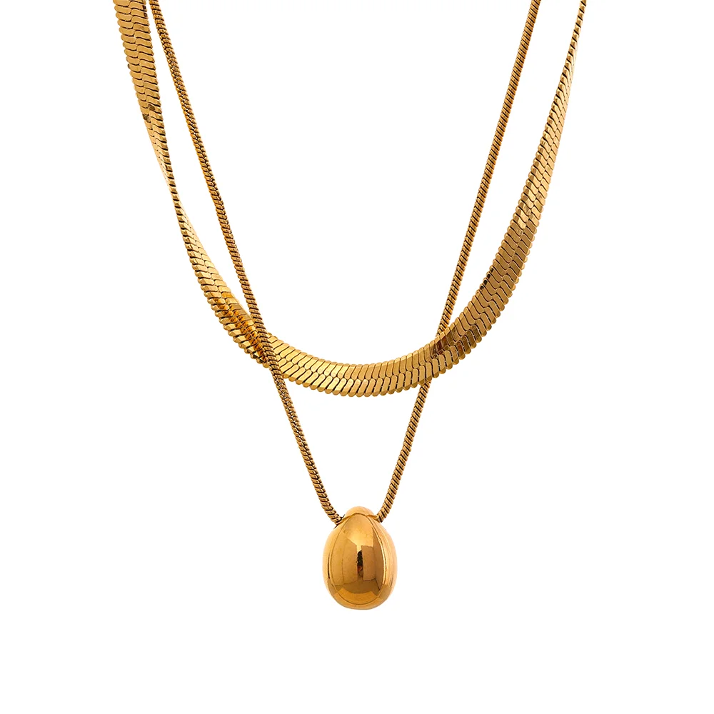 Snake Chain Double Layer Stainless Steel Water Drop Pendant Necklace for Women Statement 18k Gold Color Jewelry Waterproof