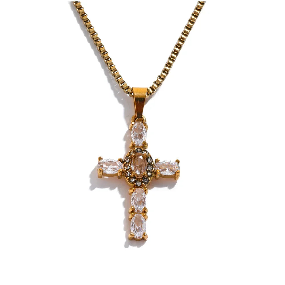 Delicate Colorful Bling Cubic Zirconia Cross Pendant Stainless Steel Luxury Necklace High-Grade Fashion Shiny Jewelry Gift