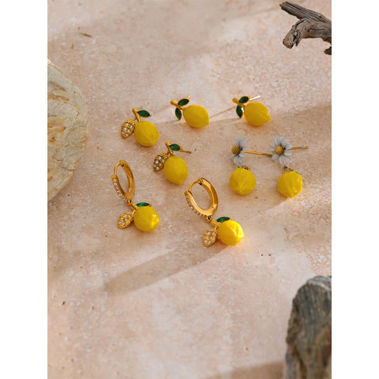 Fashion Yellow Resin Zirconia Fruit Lemon Dangle Earrings for Women Stainless Steel Arrivals Chic Jewelry Wholesale