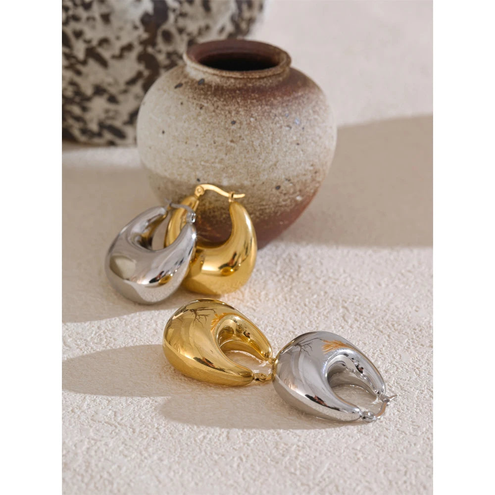 High Quality Stainless Steel Glossy Smooth Metal Chunky Hollow Hoop Earrings 2025 Statement PVD Plated Jewelry Recommend