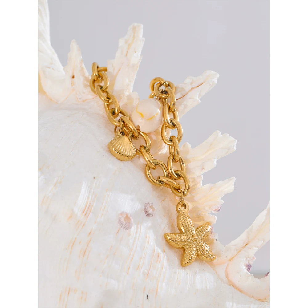 Stainless Steel 18K Gold PVD Plated Metal Chain Waterproof Ocean Pendant Charm Starfish Shell Accessories Holiday Jewelry