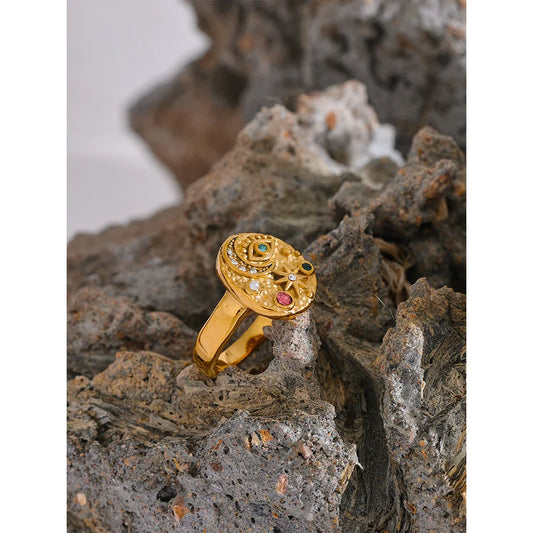 Stainless Steel Star Moon Eye Charms Ring Colorful CZ Zirconia 18K Gold Color High Quality Celestial Jewelry Women Gala