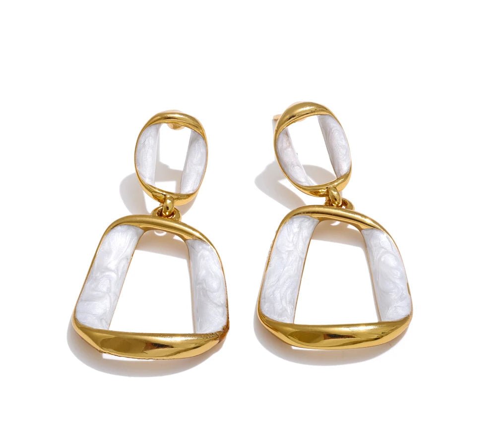 Trendy Stainless Steel White Enamel Rectangle Hollow Drop Earrings 18K Gold Color Plated Versatile Daily Jewelry Gift