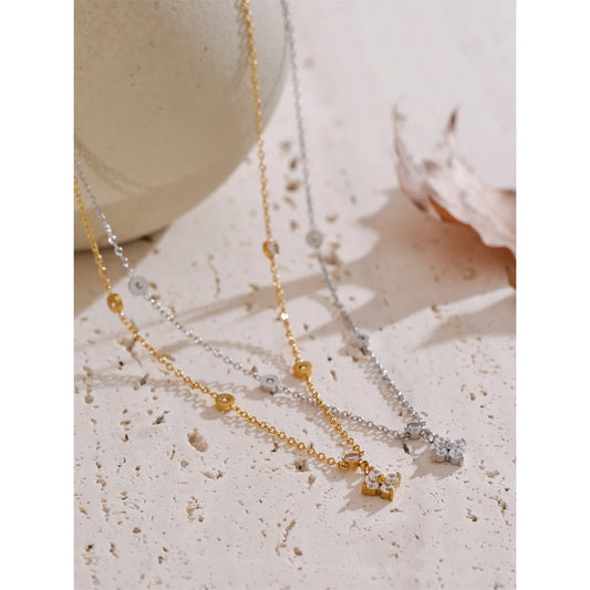 Chic Cubic Zirconia Flower Pendant Exquisite Necklace for Women Stainless Steel Delicate Daily Sweet Jewelry Accessories