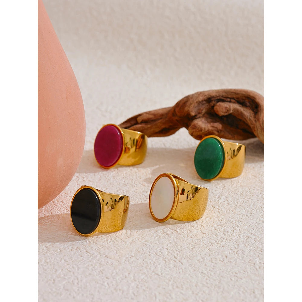 PVD Plated Stone Stainless Steel Gold Color Wide Ring Summer Trendy Fashion Jewelry Accessories Bijoux