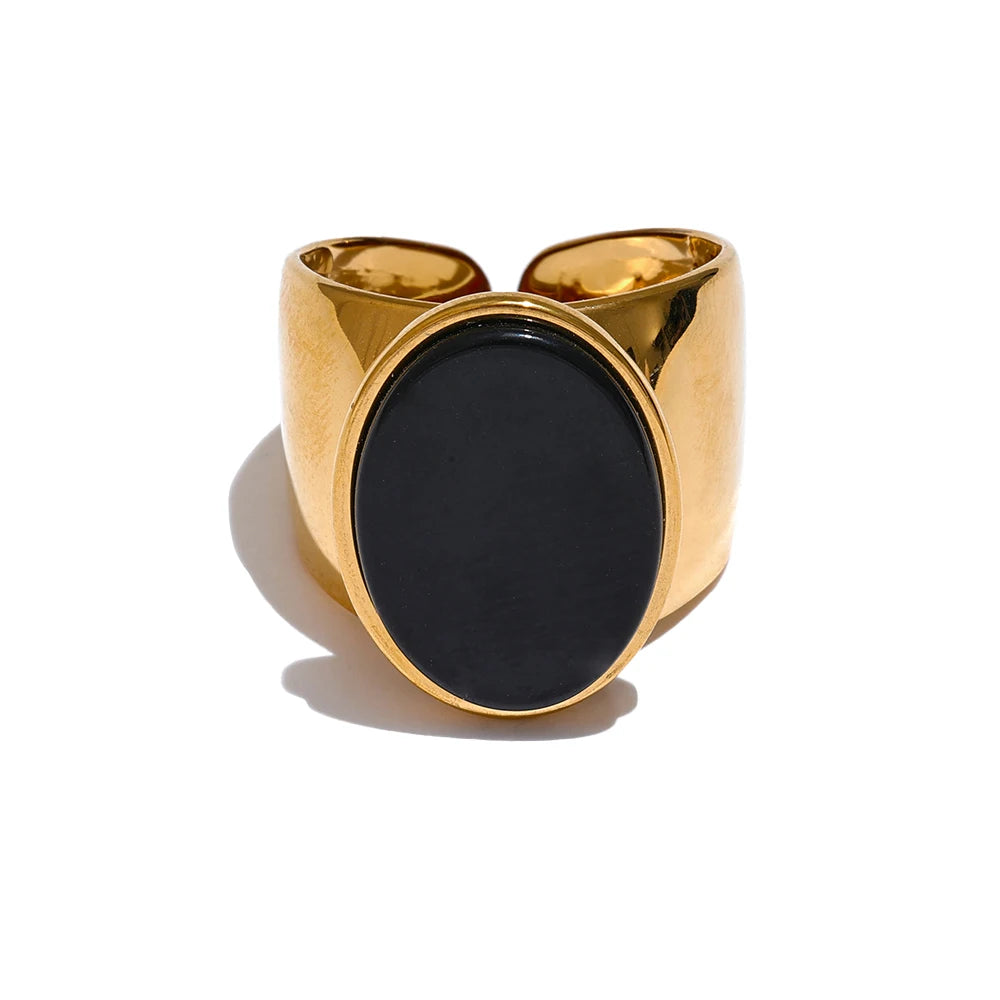 PVD Plated Stone Stainless Steel Gold Color Wide Ring Summer Trendy Fashion Jewelry Accessories Bijoux