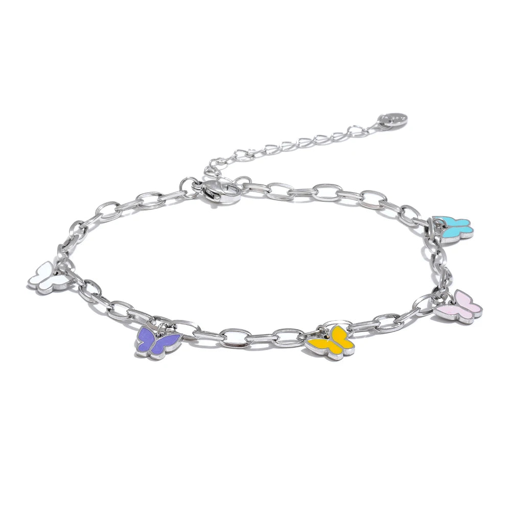 Summer Stainless Steel Enamel Butterfly Drop Chain Anklet for Women Waterproof 18K PVD Plated Fashion Jewelry