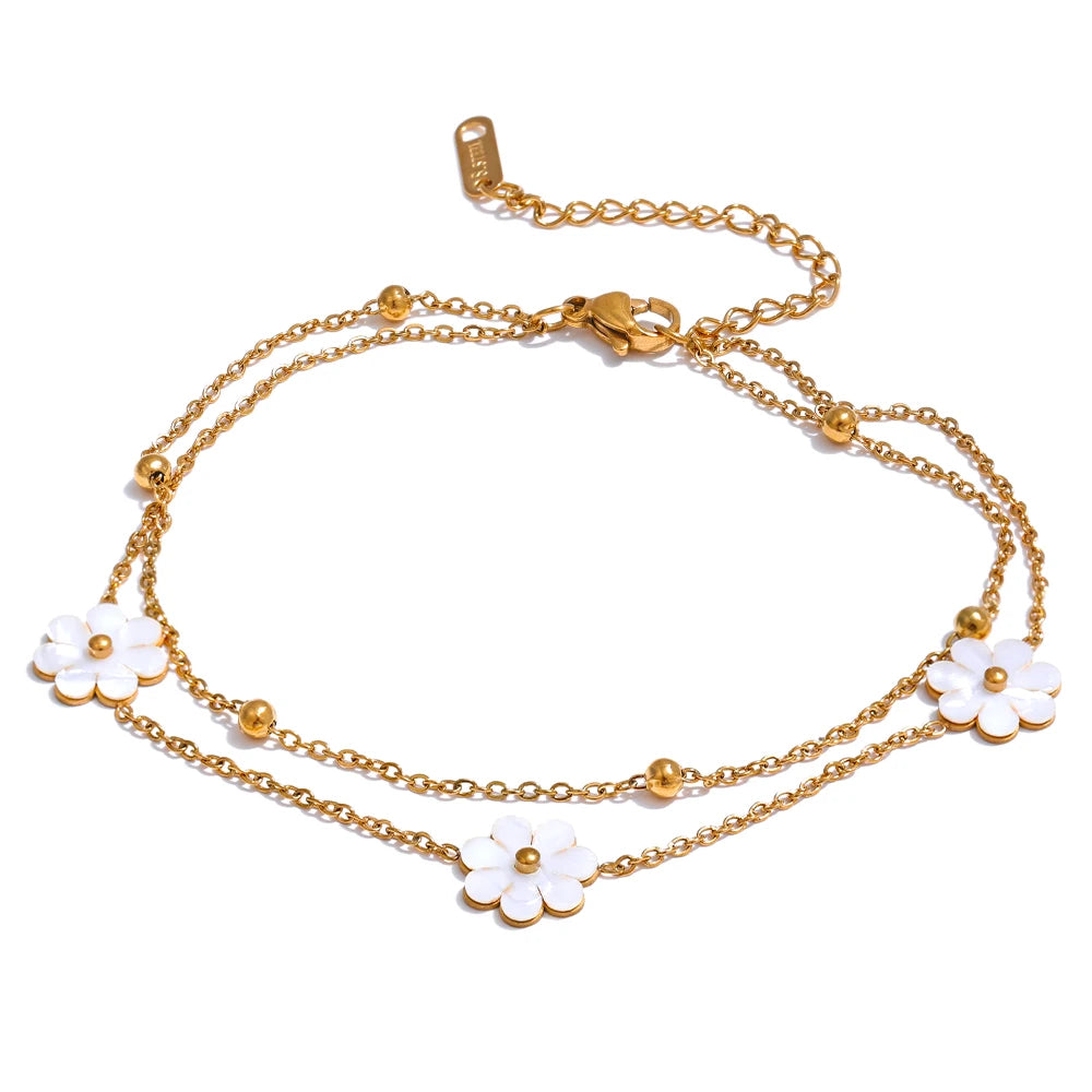 Summer Imitation Shell Flower Double Layer Chain Necklace Anklet for Women Trendy Plant Charm Jewelry Bijoux Gift