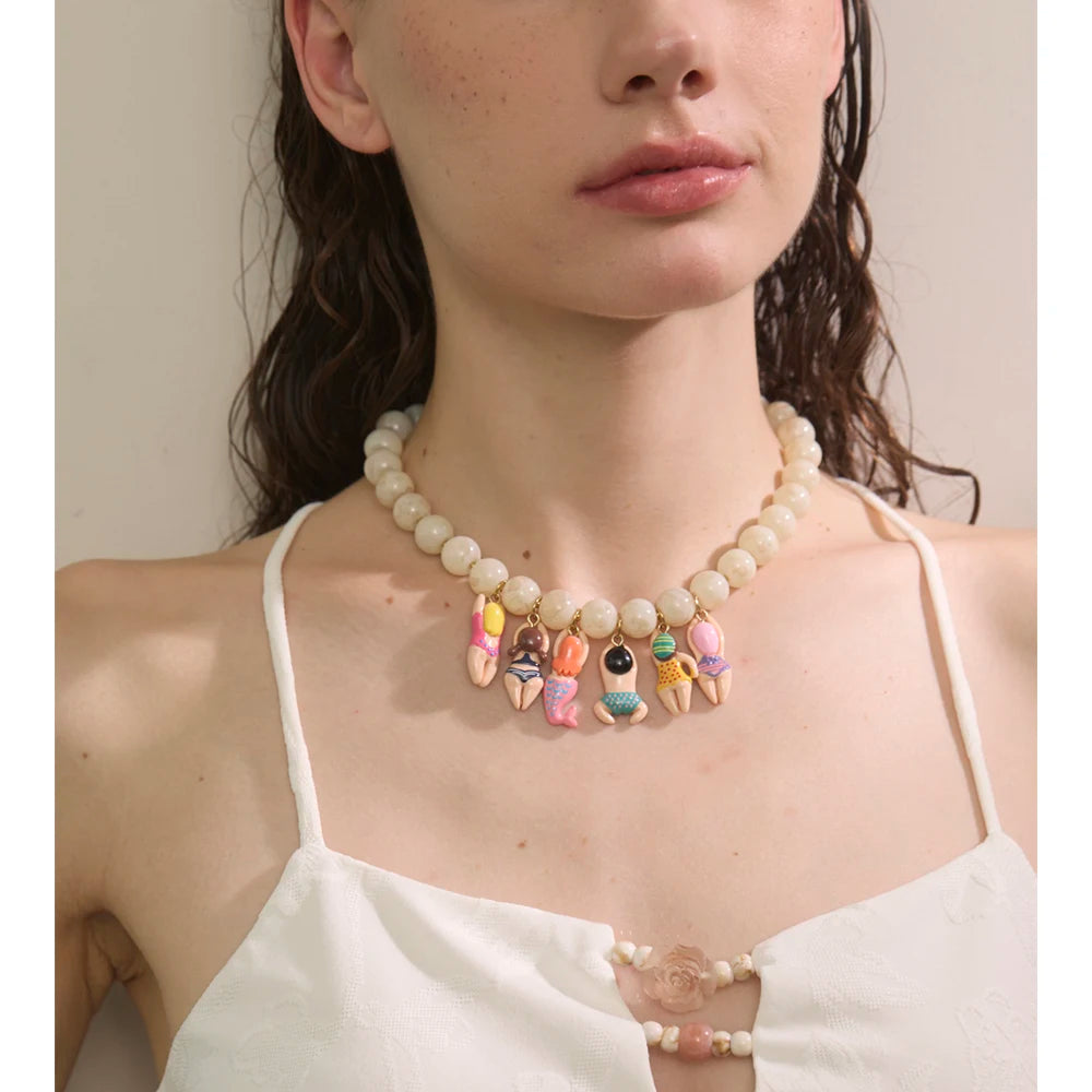Stylish Unique Handmade Jewelry Glass Imitation Stone Beads Chain Resin Bikini Doll Drop Creative Necklace Accessories