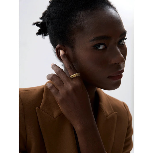 Fashion Stainless Steel Round Elastic Open Ring Minimalist 18K PVD Plated Metal Classic Texture Jewelry Anillo Bijoux